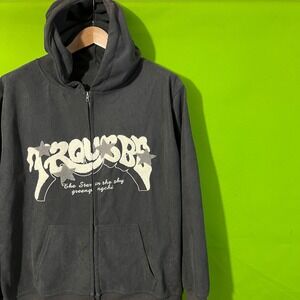 Large Mens Y2K Style Trouble Star Corduroy Full Zip‎ Hoodie Pullover Gray